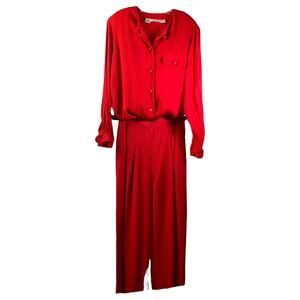 Anne Klein II Pant Suit Womens Sz 10 Red Long Sleeve Blouse Button Font‎